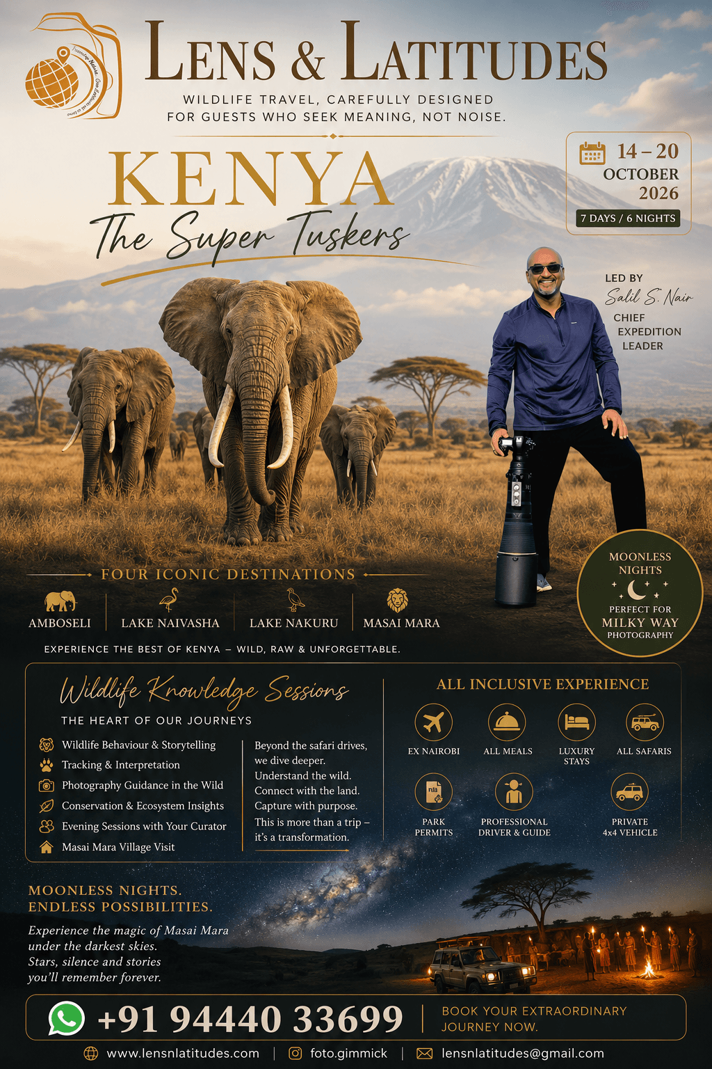 The Super Tuskers — Oct 14–20, 2026 Kenya The Super Tuskers wildlife photography expedition poster — Oct 14–20 2026, led by Salil S. Nair, Amboseli, Lake Naivasha, Lake Nakuru, Masai Mara