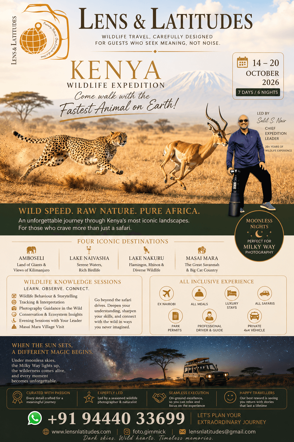 Walk with the Cheetahs — Oct 14–20, 2026 Kenya Walk with the Cheetahs wildlife photography expedition poster — Oct 14–20 2026, led by Salil S. Nair, Amboseli, Lake Naivasha, Lake Nakuru, Masai Mara